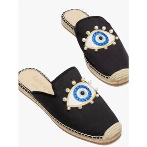 kate spade Black Canvas Evil Eye Pearl-Embellished Espadrille Mules